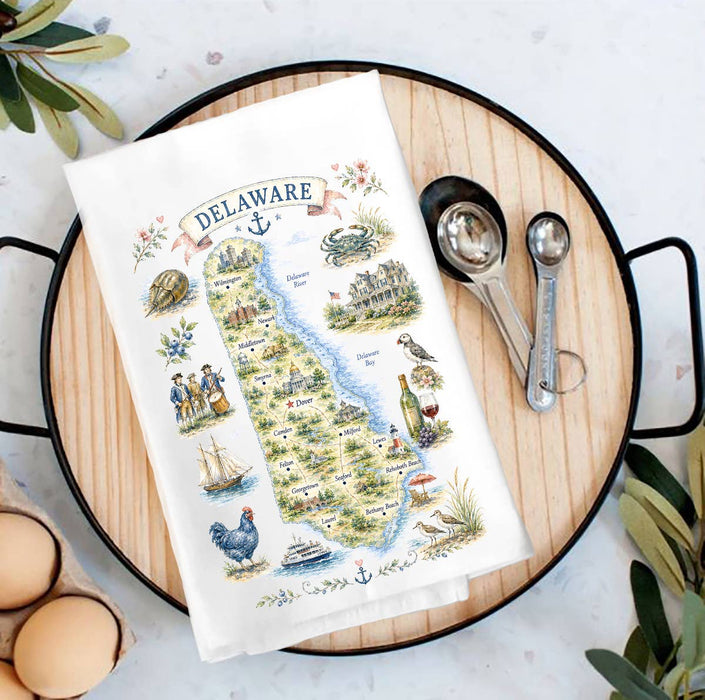 Delaware State Map Landmark Tea Towel