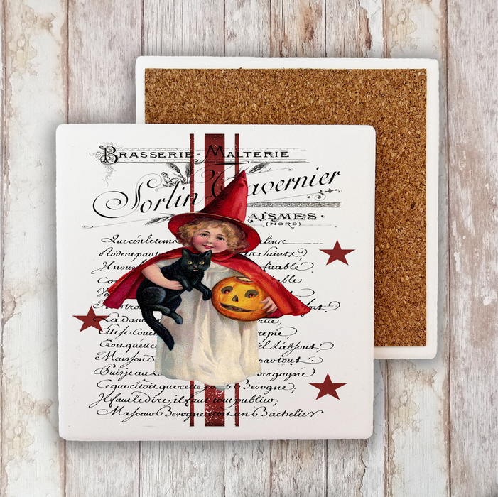 Halloween Vintage French Black Cat Stone Coaster