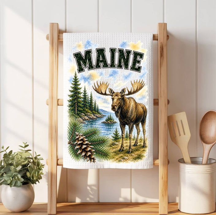 Maine State Bird and Animal Waffle Weave Towel