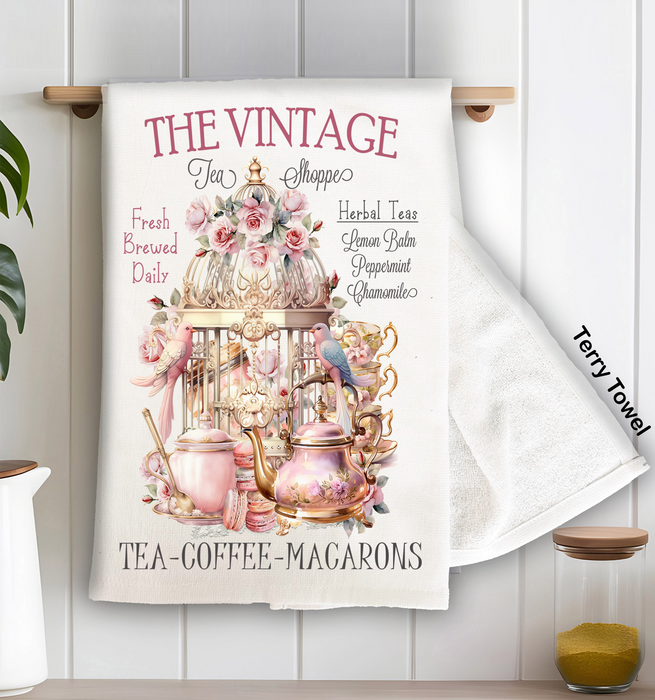 Pink Vintage Tea Shoppe Birds Kitchen Terry Towel