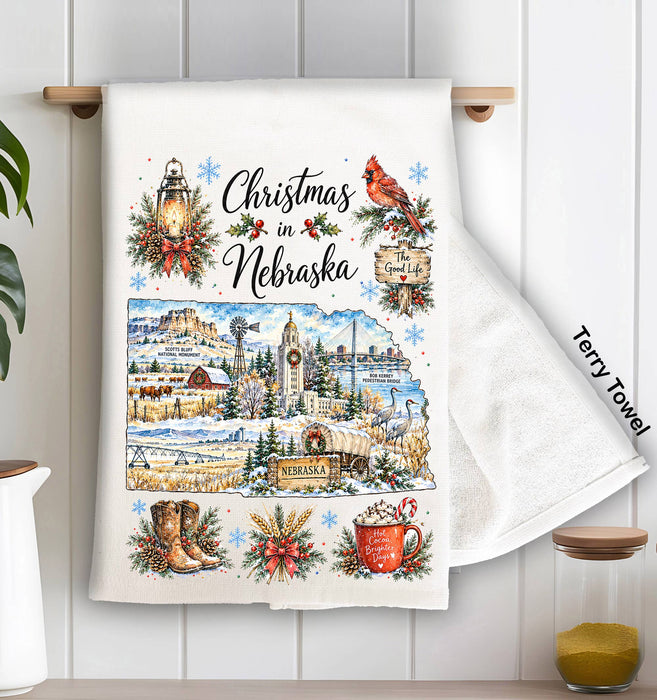 Christmas in Nebraska State Map Kitchen Terry Towel