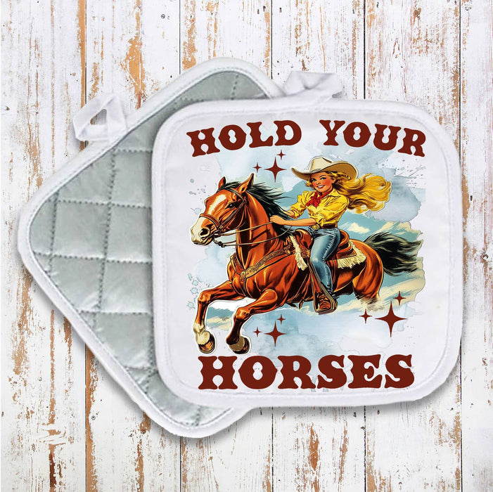 Vintage Cowgirls Hold Your Horses Pot Holder Oven Mitt