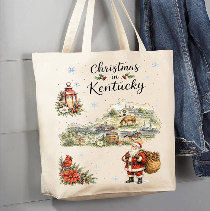 Christmas in Kentucky State Map Canvas Tote Bag