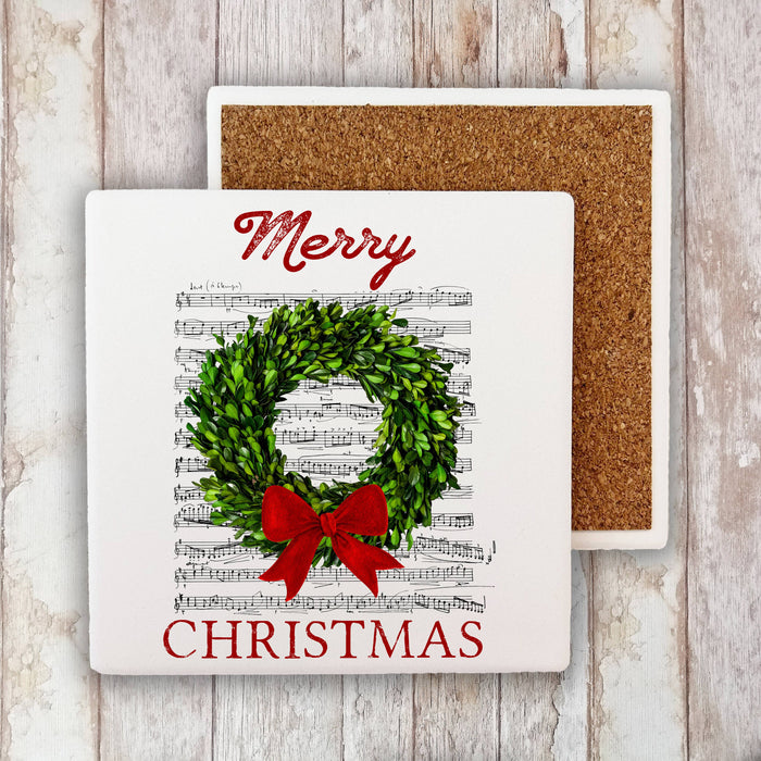 Farmhouse Christmas Boxwood Wreath Stone Coaster