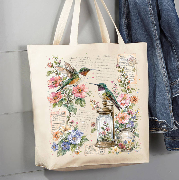 Vintage Flowers Hummingbirds Canvas Tote Bag