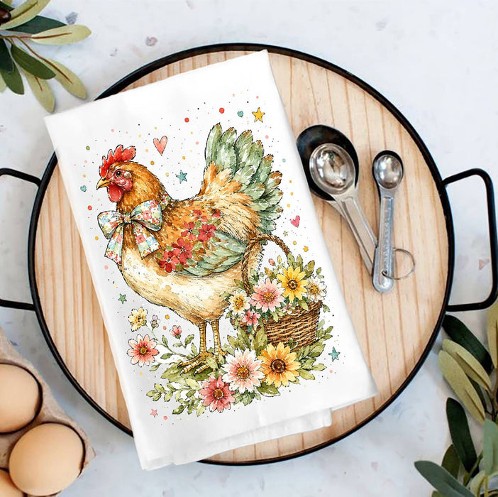 Watercolor Country Hen Flowers Tea Towel