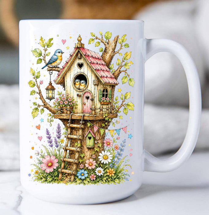 Spring Birds in Birdhouse Flowers Coffee Mug