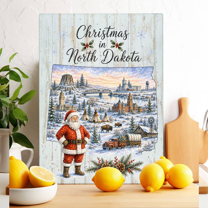 Christmas in North Dakota State Map Glass Cutting Board