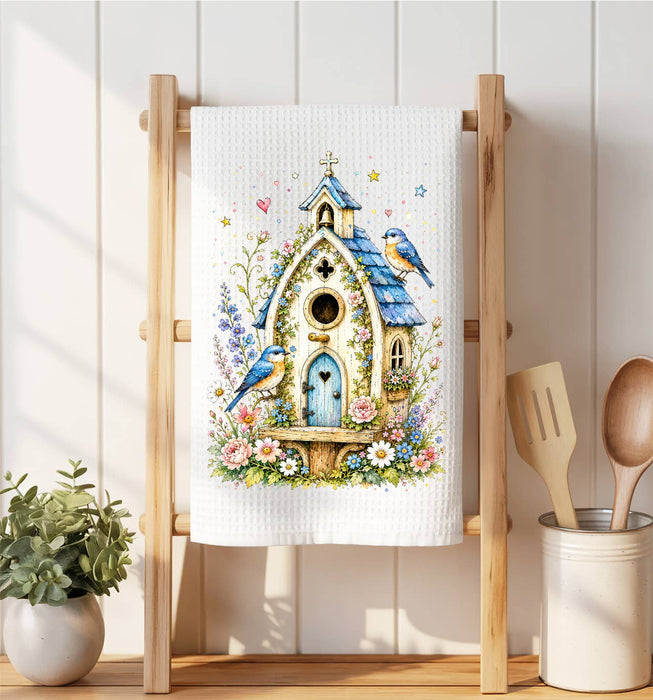 Watercolor Birdhouse Blue Flowers Waffle Weave Towel