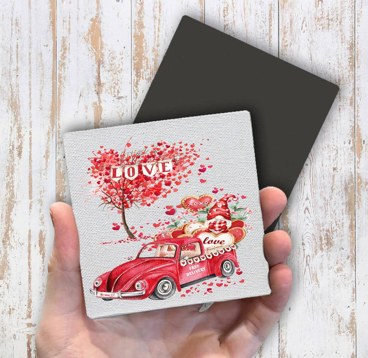 Valentine Gnome Red Truck Hearts Magnet Fridge