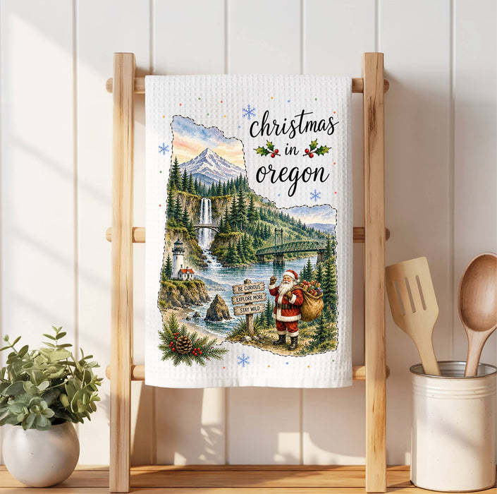 Christmas in Oregon State Map Waffle Weave Towel
