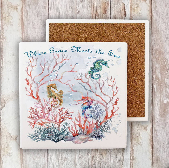 Grace Meets Sea Seahorses Beach Stone Coaster