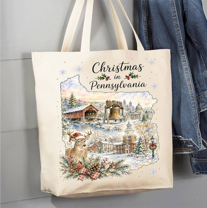 Christmas in Pennsylvania State Map Canvas Tote Bag