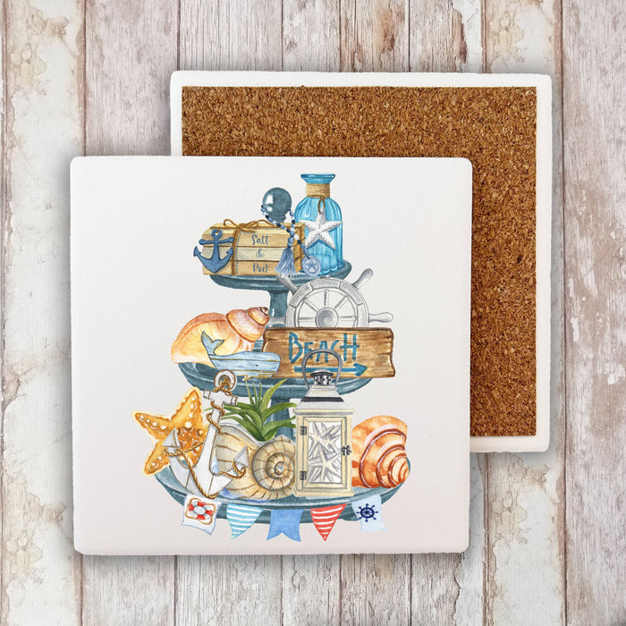 Beach Ocean Sea Shells 3 Tier Tray Stone Coaster