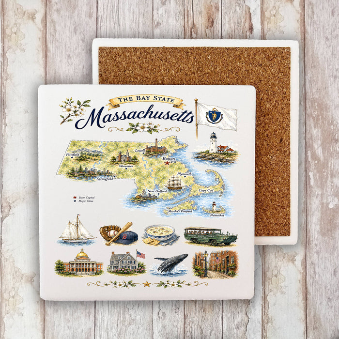 Massachusetts State Map Landmark Stone Coaster