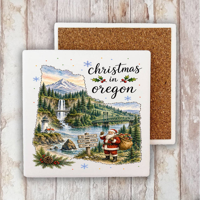 Christmas in Oregon State Map Stone Coaster