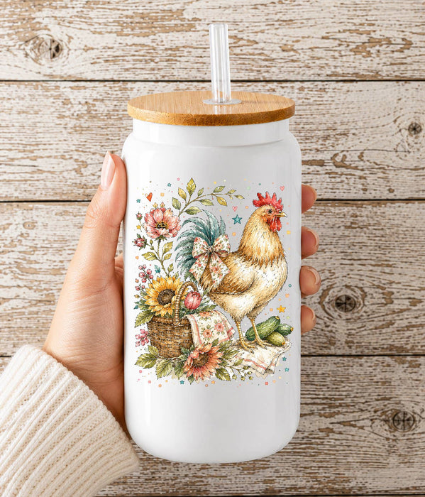 Whimsical Country Hen Flowers Glass Cup
