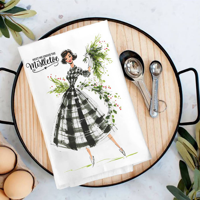 Retro Christmas Meet me Mistletoe Tea Towel