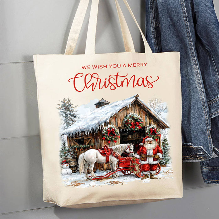 Merry Christmas Horse Barn Santa Canvas Tote Bag