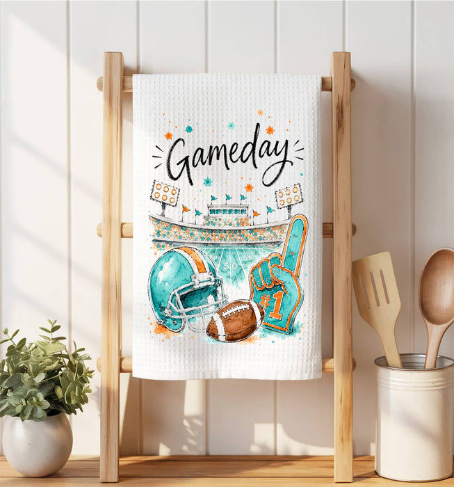 Gameday Football Aqua & Orange Waffle Weave Towel