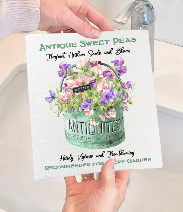 Antique Sweet Peas Flowers SWEDISH DISH CLOTH