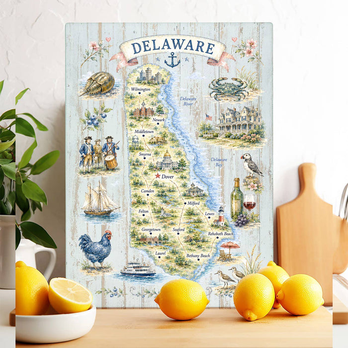 Delaware State Map Landmark Glass Cutting Board