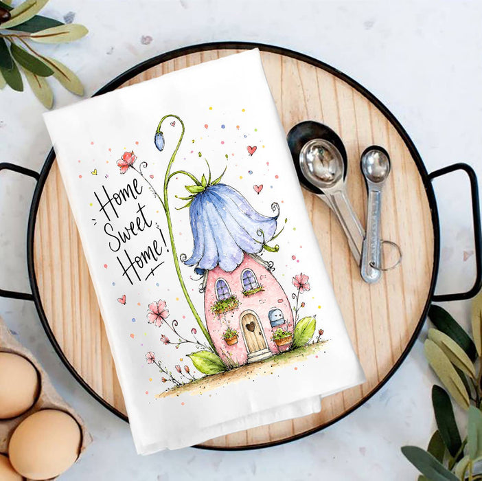 Home Sweet Home House Flowers Tea Towel