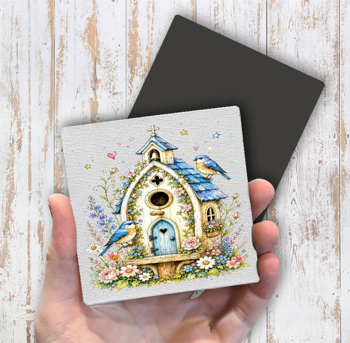 Watercolor Birdhouse Blue Flowers Magnet Fridge