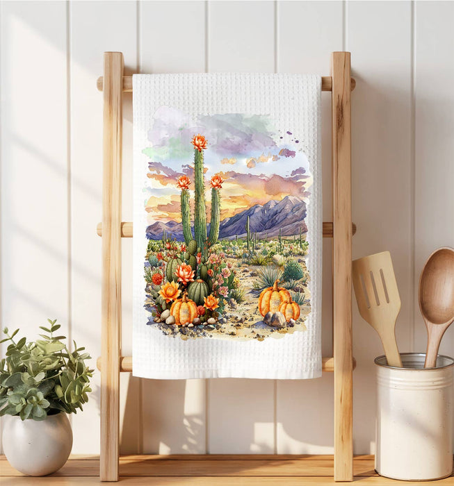 Fall Pumpkin Saratoga Cactus Desert  Waffle Weave Towel