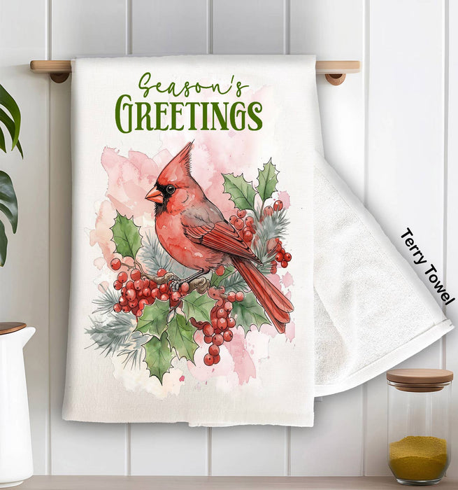 Christmas Seaons Greeting red Cardinal Kitchen Terry Towel