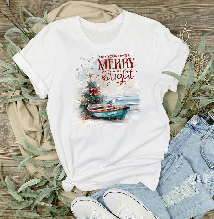 Coastal Christmas Beach Boat T-Shirt
