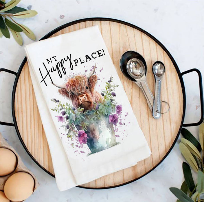 Highland Cow My Happy Place Flour Sack Tea Towel