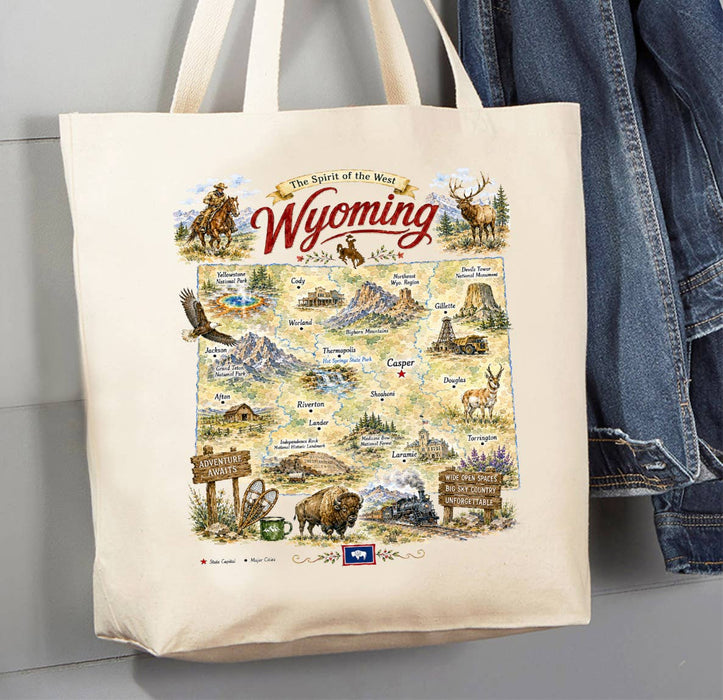 Wyoming State Map Landmark Canvas Tote Bag