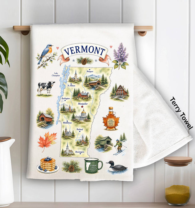 Vermont State Map Landmark Kitchen Terry Towel
