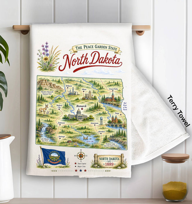 North Dakota State Map Landmark Kitchen Terry Towel