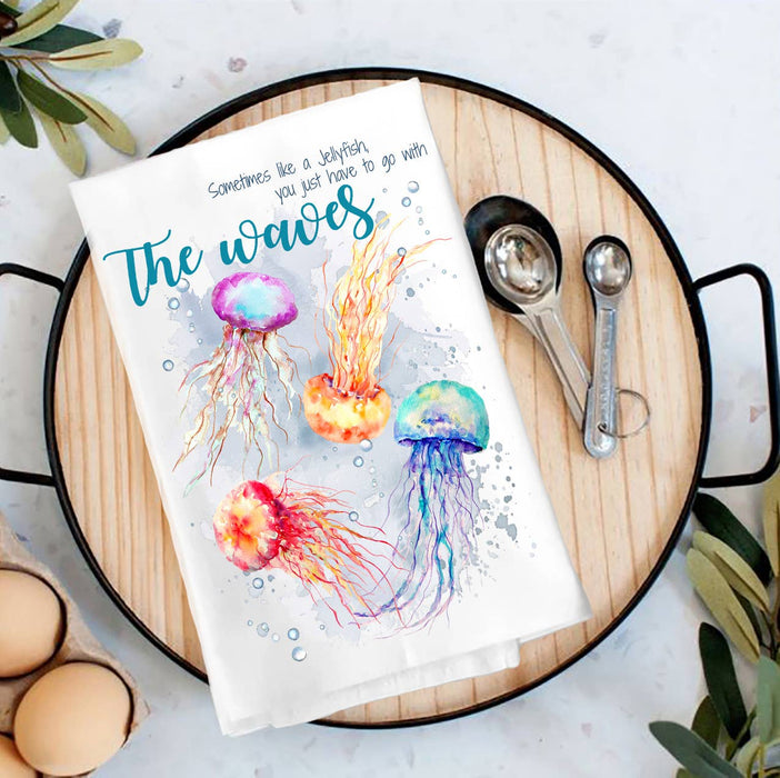 Jellyfish Go with the Waves Ocean Tea Towel