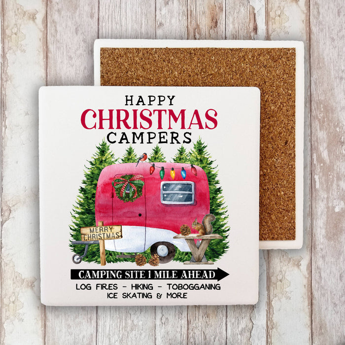 Happy Christmas Camper Trailer Stone Coaster