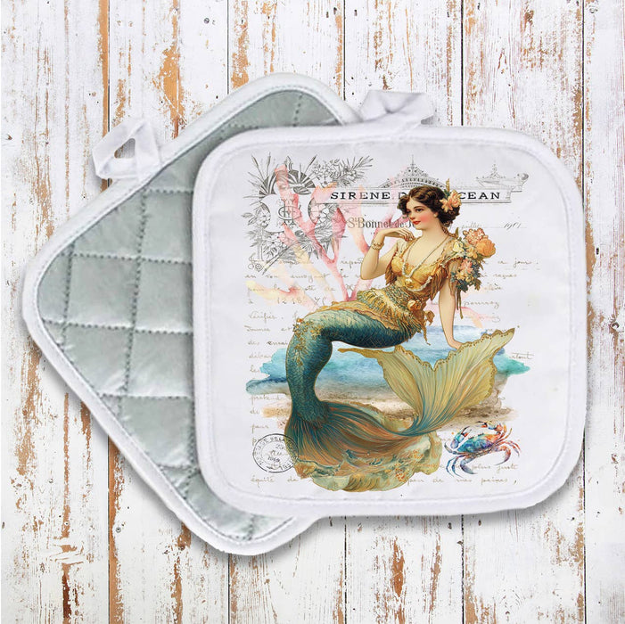 Vintage French Mermaids Ocean Pot Holder Oven Mitt