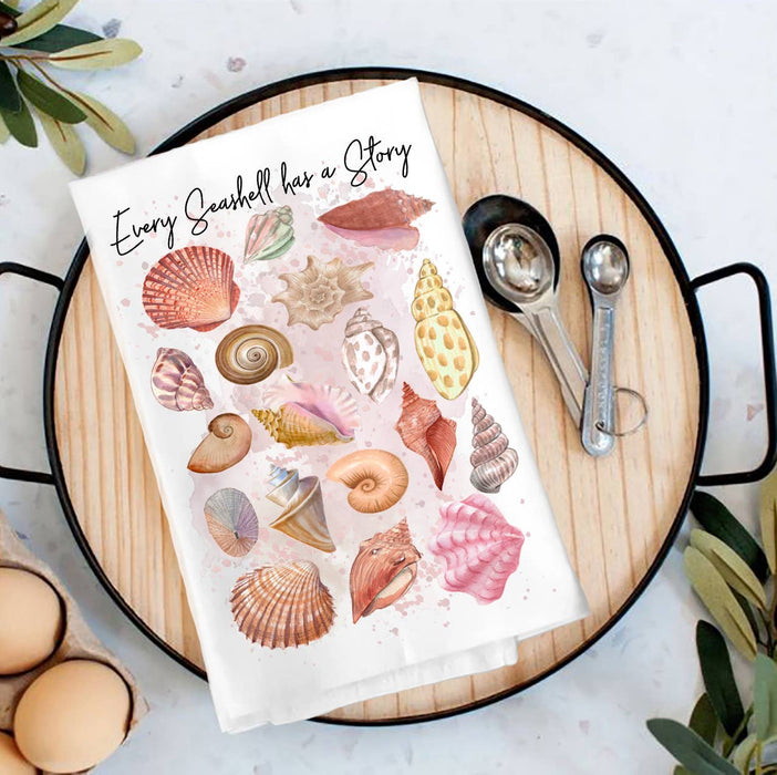 Seashells Has a Story Coastal Beach Tea Towel