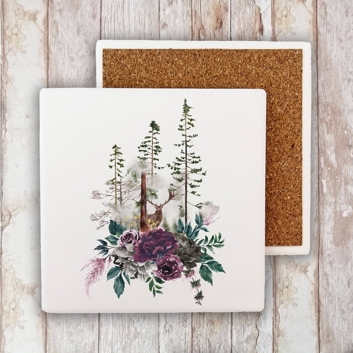 Deer Forest Trees Nature Stone Coaster