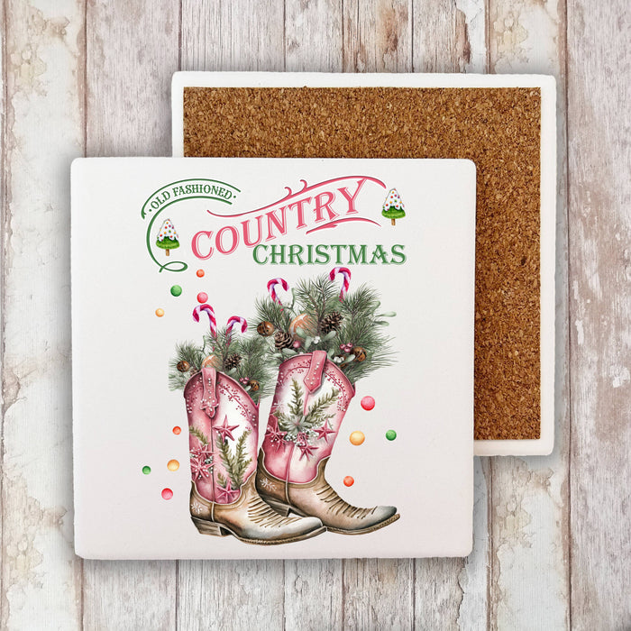 Country Christmas Cowboy Boots Western Stone Coaster