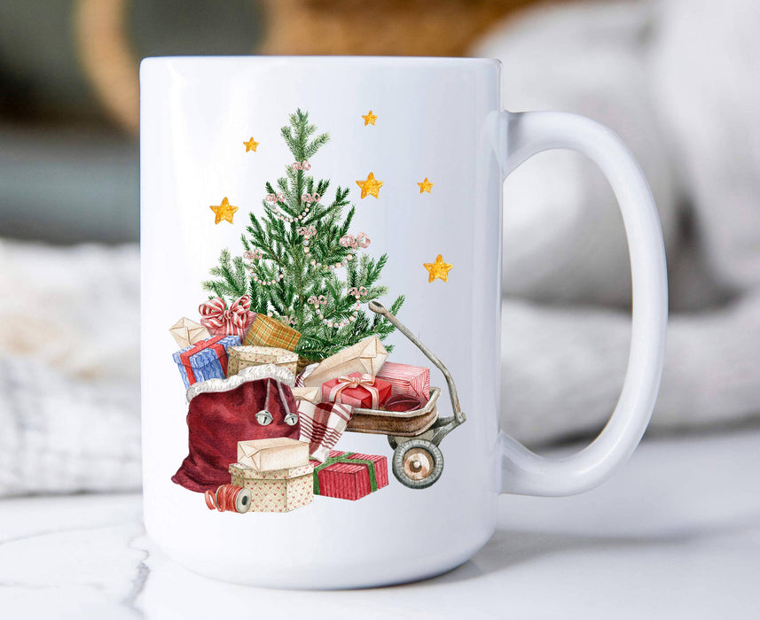 Christmas Tree Santa Red Wagon Coffee Mug