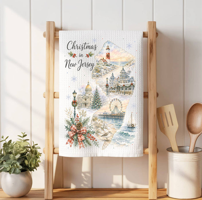 Christmas in New Jersey State Map Waffle Weave Towel