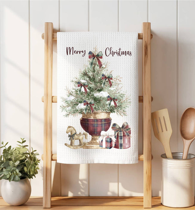 Christmas Tree Burgundy Velvet Waffle Weave Towel