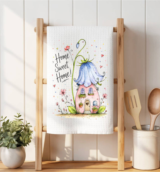 Home Sweet Home House Flowers Waffle Weave Towel