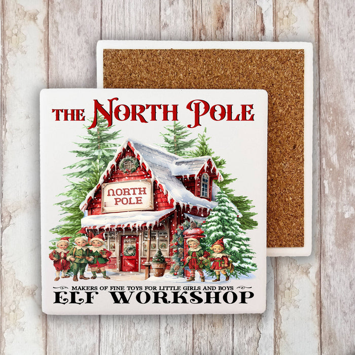 Christmas Vintage North Pole Elfs Stone Coaster
