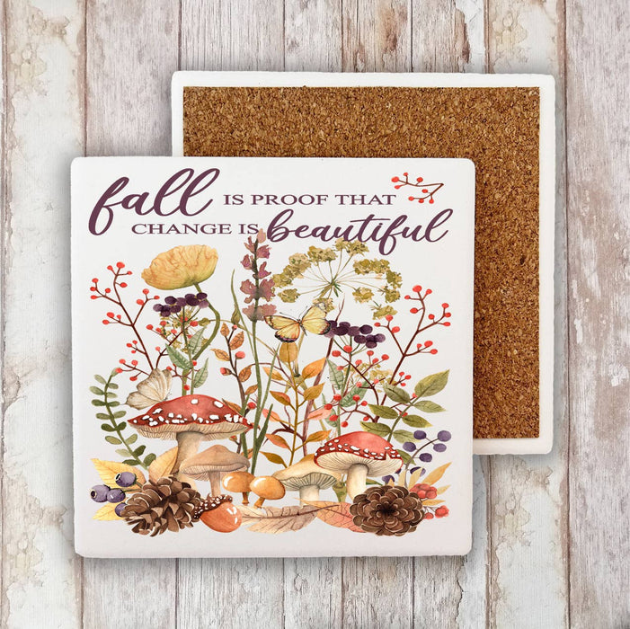 Fall is Beautiful Wildflower Mushroom  Stone Coaster