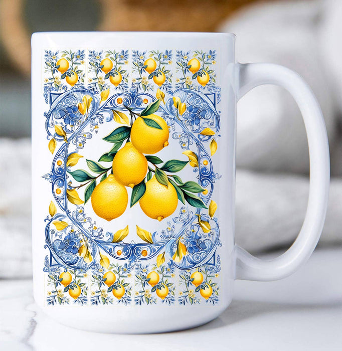Mediterranean Blue Tiles Lemons Coffee Mug