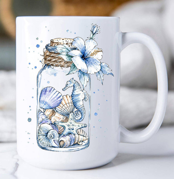 Coastal Blue Sea Shells in a Jar Coffee Mug