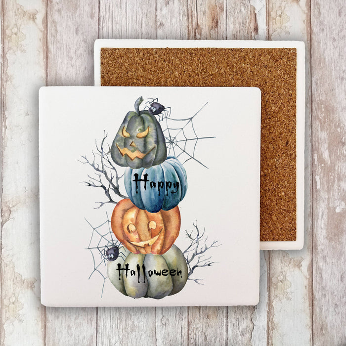 Happy Halloween Stacked Pumpkins Stone Coaster